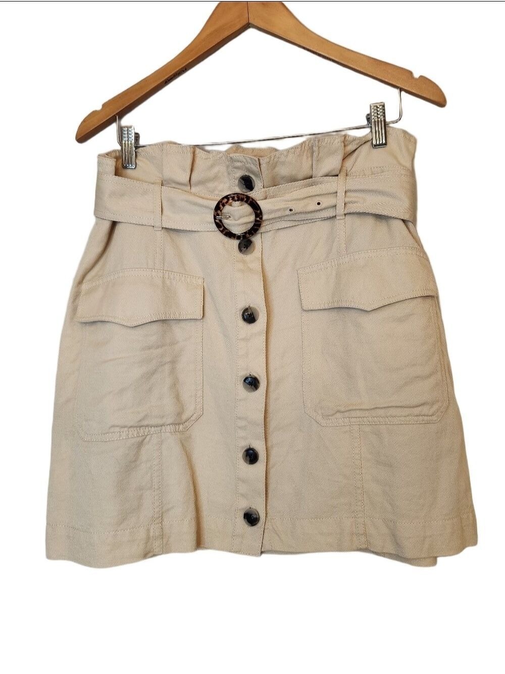 Banana Republic Tan Button-Front Mini Skirt with  Tortise Shell Belt Sz 12 Linen